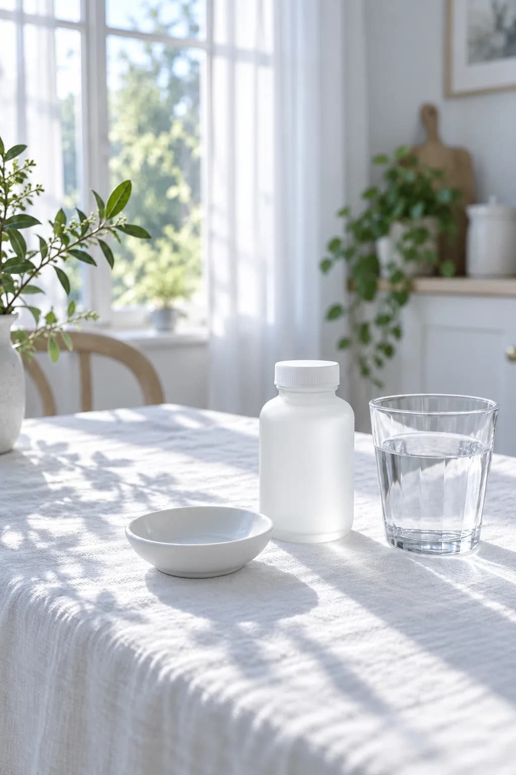 An amber pharmacy bottle and a glass of water on a linen tablecloth in morning light
