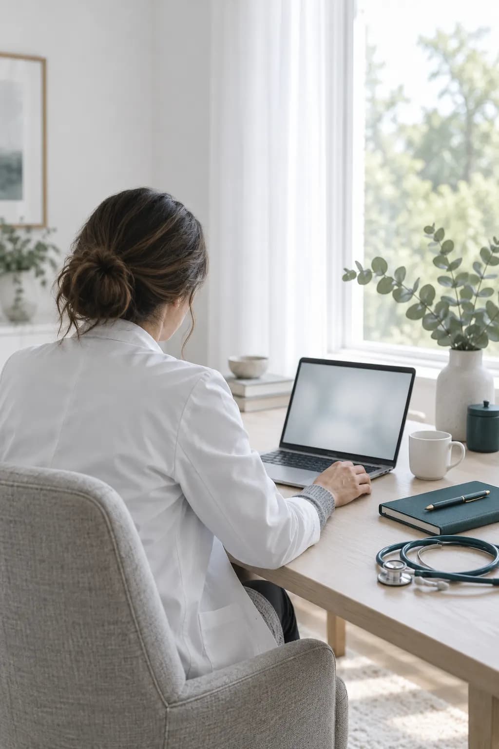 A clinician in a white coat reviewing a case on a laptop at a bright desk by a window